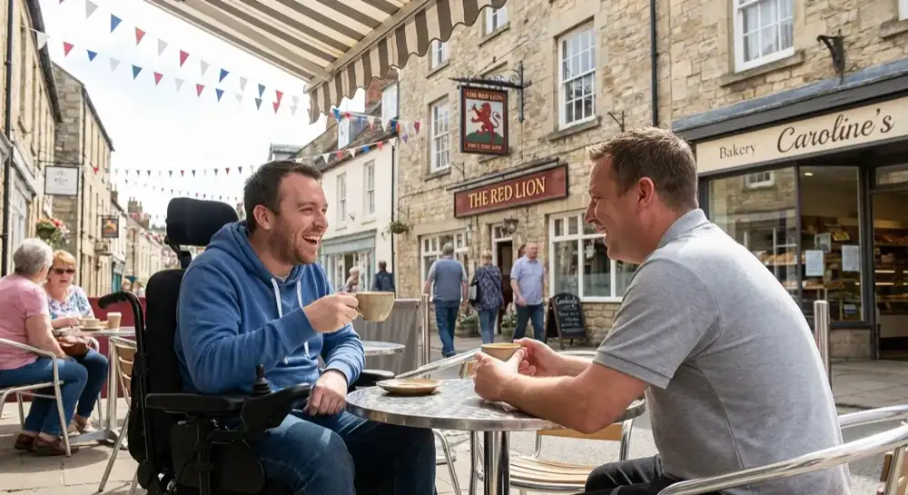 Two friends enjoying coffee at an outdoor café in a market town, one using a power wheelchair, sharing a genuine laugh together.